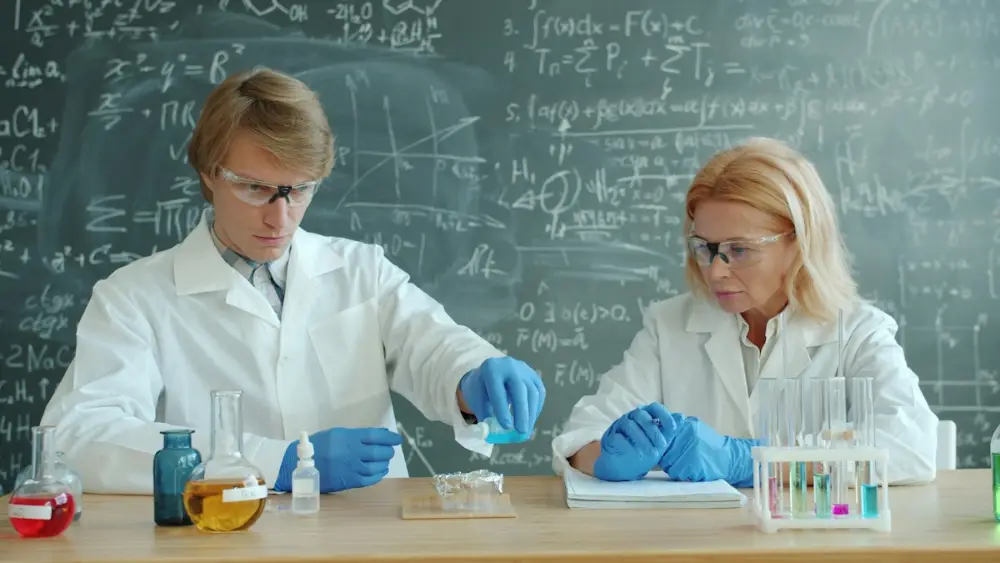 Teachers demonstrating a chemistry experiment